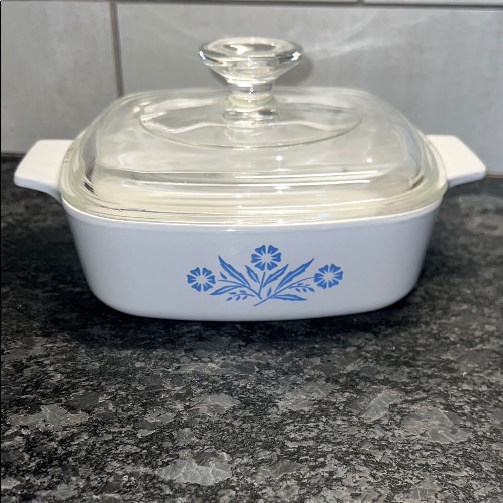 1qt Glass Lid White Casserole Dish with Corn Flower Blue Floral Design